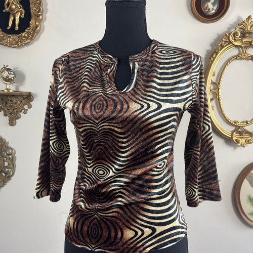 ASSA Velvet Psychedelic Optical Print Keyhole Top Size Small Brown Tan